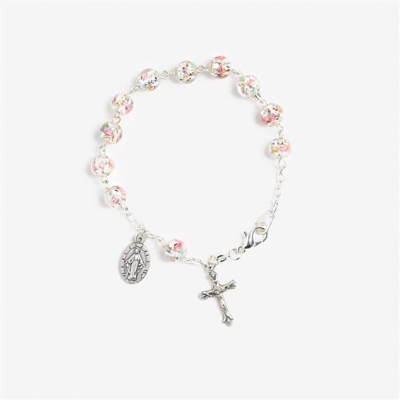 CLEAR CRYSTAL ROSE & SILVER LAMP BEAD ROSARY BRACELET